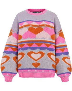 Cara & The Sky Poppy Heart Intarsia Balloon Sleeve Oversized Jumper - Pink