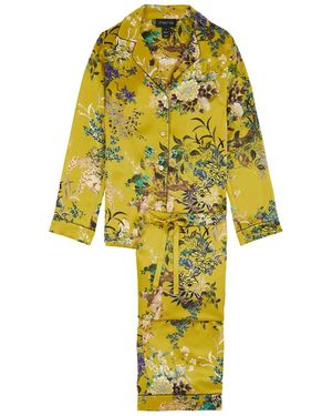 Meng Crane Silk Satin Pajama Set - Yellow