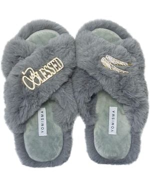 Yomisma Neutrals Eco Faux Fur Slippers With Blessed & Angel Wing Brooches - Gray