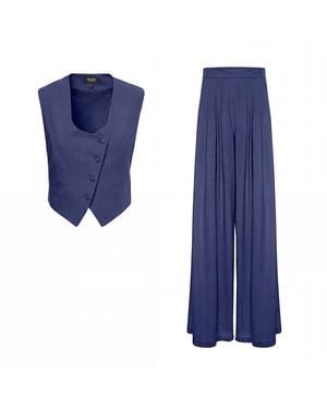 BLUZAT Linen Set With Fitted Vest And Wide-Leg Pants - Blue