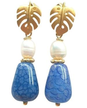 Way to Chic Agate & Pearl Drop Earrings With-Plated Palm Leaf Studs - Blue