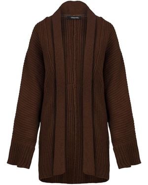 Conquista Hip Length Open Front Batwing Knit Cardigan - Brown
