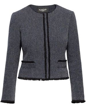 Rumour London Eleanor & Cream Tweed Jacket With Fringing Detail - Blue