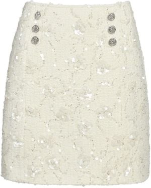 Hortons England Floral Embellished Tailored Boucle Tweed Skirt - White