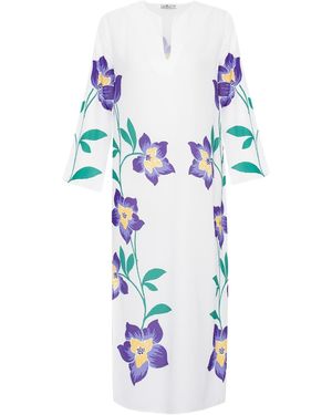 Peraluna Petunia Kaftan Floral Pattern V-Neck Slit Kaftan - White