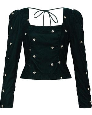 Rose & Nancy Mila Velvet Embroidered Top - Black