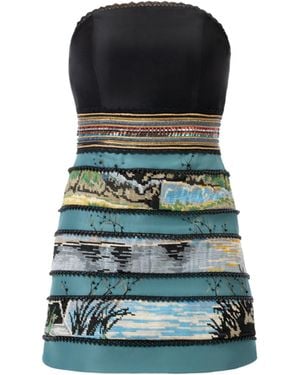 Rondooz Hand Painted Satin Mini Dress With Antique French Gobelin Tapestry & Hand Applied Embellishment - Blue