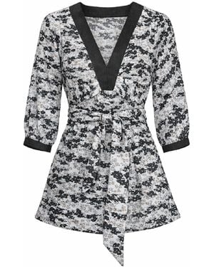 Conquista Printed V-Neck Top With Contrast Trim & 3/4 Sleeves - White