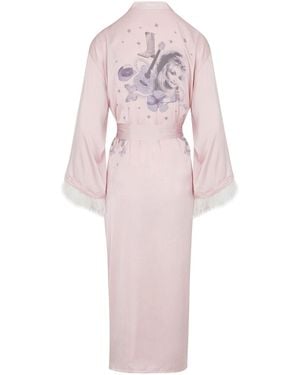 Black Cake Country Western Glamour Dolly Satin Feather Accented Dressing Gown Robe - Pink