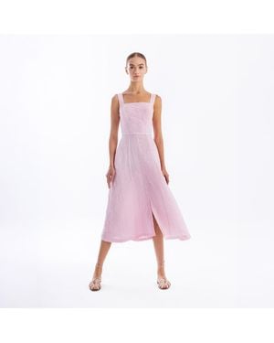 Haris Cotton Square Neck Striped Linen Tie Back Dress With Front Slit - Pink