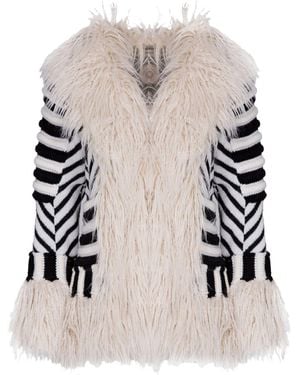 The Extreme Collection Neutrals Raw Alpaca Jacquard Short Coat With Faux Fur - White