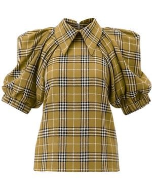 Julia Allert Designer Plaid Puff Sleeve Blouse – Mustard - Green