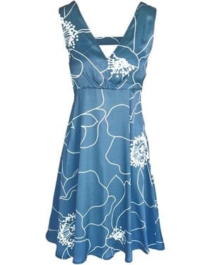 Haris Cotton Neck Satin Sleeveless Dress With Back Horizontal Straps Peonies - Blue