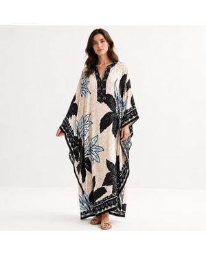 LOVEIST STORE Adenium Botanical Print Jacquard Satin Kaftan - Black