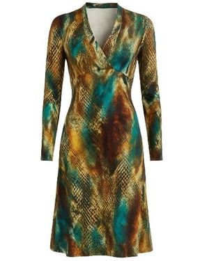 Conquista Long Sleeve Faux Wrap Animal Print Midi Dress - Green