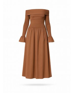 Modista Thirty-One Winter Off-Shoulder Mocha Drop Waist Midi Puff Dress - Brown