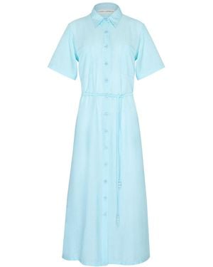 STATE OF GEORGIA Linen Cotton Button-Front Drawstring Midi Dress - Blue