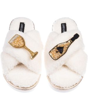 Laines London Neutrals Neutral Boucle Slippers With Ace Of Champagne Brooches - White