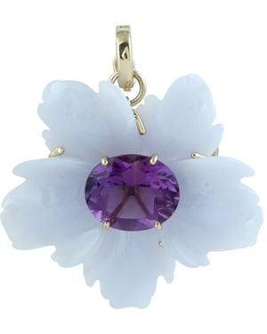 Artisan 14K Carved Chalcedony & Amethyst Flower Pendant - Blue