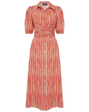 Exquise Regular Striped Tie-Waist Midi Shirt Dress - Red