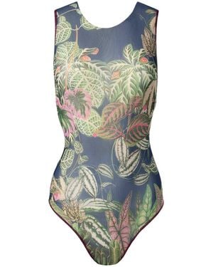 Rodasoleil Smart Swimwear Tan-Through Mesh One-Piece Sleeveless Swimsuit Botanicum - Blue
