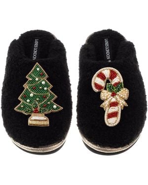 Laines London Teddy Closed Toe Slippers With Christmas Tree & Candy Cane Brooches - Black