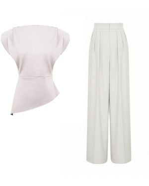 BLUZAT Neutrals Set With Structured Shoulder Top And Palazzo Pants - White