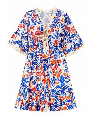 Yumi' Multicolour Leaf Print Viscose Kimono Sleeve Tunic - Blue