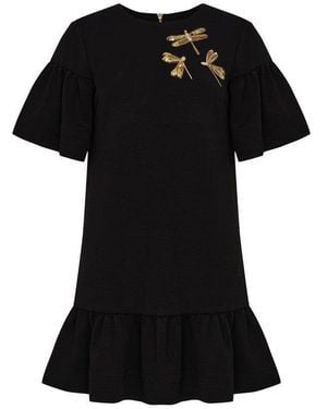 Exquise Slim Embroidered Crew Neck Mini Dress - Black