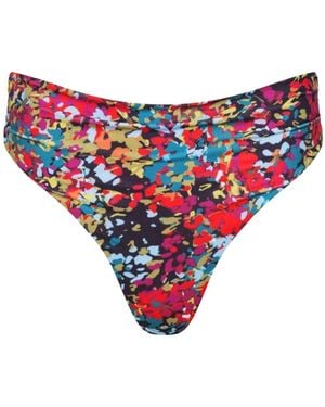 Playaluxe Capri Confetti Floral Ruched High Waist Thong Bikini Bottom - Red