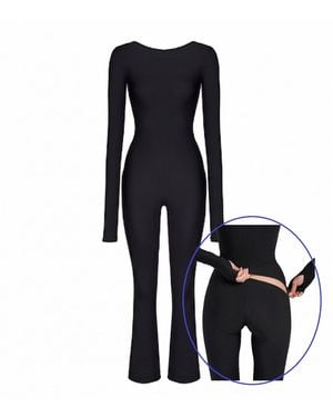 Monosuit Ribbed Bootcut Flared-Leg Jumpsuit - Black