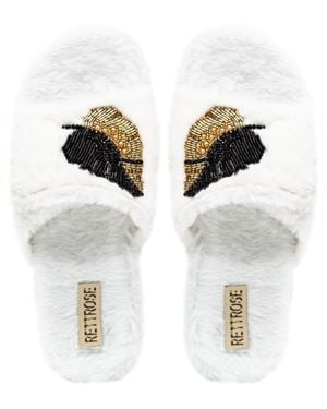 Rettrose Neutrals Wren Cream Luxury Plush Diamanté Embellished Handmade Slipper - White