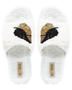 Rettrose Neutrals Wren Cream Luxury Plush Diamanté Embellished Handmade Slipper - White