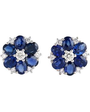 Artisan 18K Oval Sapphire & Diamond Flower Stud Earrings - Blue
