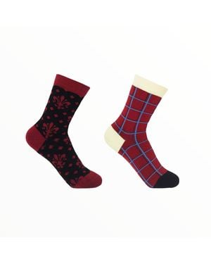 Peper Harow - Made in England Fleur De Lis & Burgundy Grid Socks Two Pack - Red