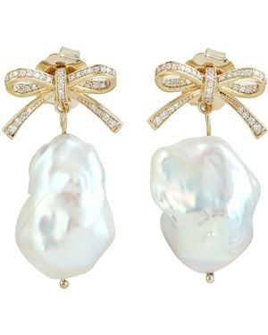 Artisan 18K Uneven Pearl & Diamond Bow Drop Earrings - Metallic