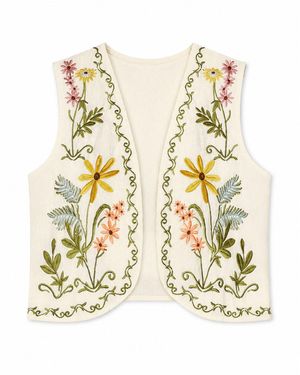 Yumi' Floral Embroidered Cotton Waist Coat - Metallic