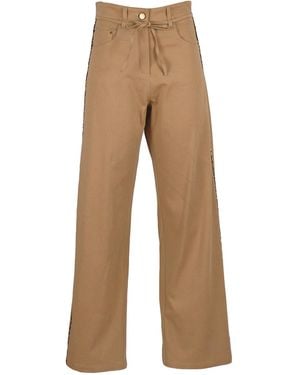 Lalipop Design Neutrals Wide-Leg Tan Cotton Trousers With Leopard Piped Trim - Natural