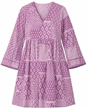 House of Gl Liora Hand-Block Printed Cotton Bell Sleeve Mini Dress With Lace Detail - Purple