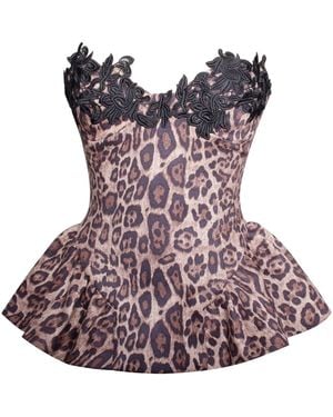 Miss Circle New York Qiara Cheetah Print Peplum Top With Lace Trim - Red