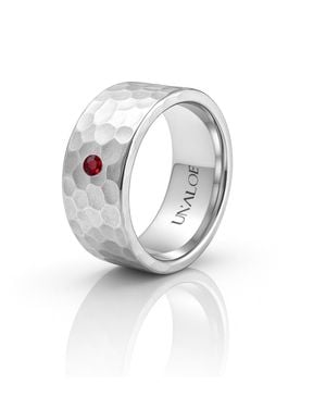 Unaloe Sterling Hammered Band Ring With Ruby – Gift For Her Minimalist Statement Luxury Jewellery - Metallic
