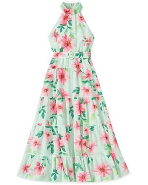 Yumi' Mint Floral Halter Neck Midi Dress With Matching Belt - White