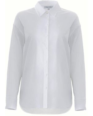 Solgo Atelier Solgo Long Sleeve Cotton Button-Up Shirt With Hi-Low Hemline And Contrast Collar Button Detail - White