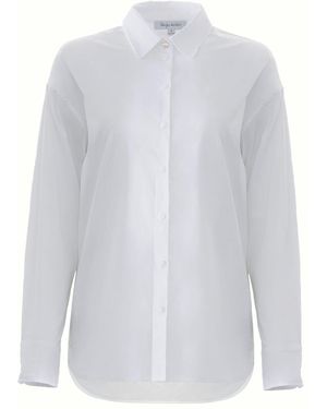 Solgo Atelier Solgo Long Sleeve Cotton Button-Up Shirt With Hi-Low Hemline And Contrast Collar Button Detail - White