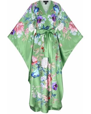 Meng Paris Watercolor Flowers Silk Satin Wrap Dress - Green