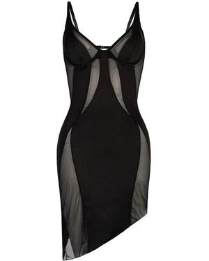 OW Collection Swirl Asymmetric Mesh Mini Dress - Black