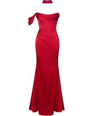 Miss Circle New York Ivona Halter Neck Double Duchess Satin Gown - Red