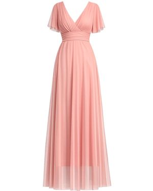 Tantra Spain Sl Long Tulle Dress With Short Seeves, Pleats, And A Flared Skirt, With A Tie Belt - Pink