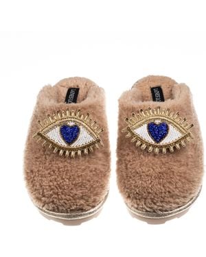 Laines London Teddy Closed Toe Slippers With Double Love Eye Brooches - Brown