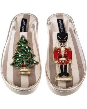 Laines London Neutrals Flatform Stripe Closed Toe Slippers With Christmas Tree & Rocking Horse Brooches - White